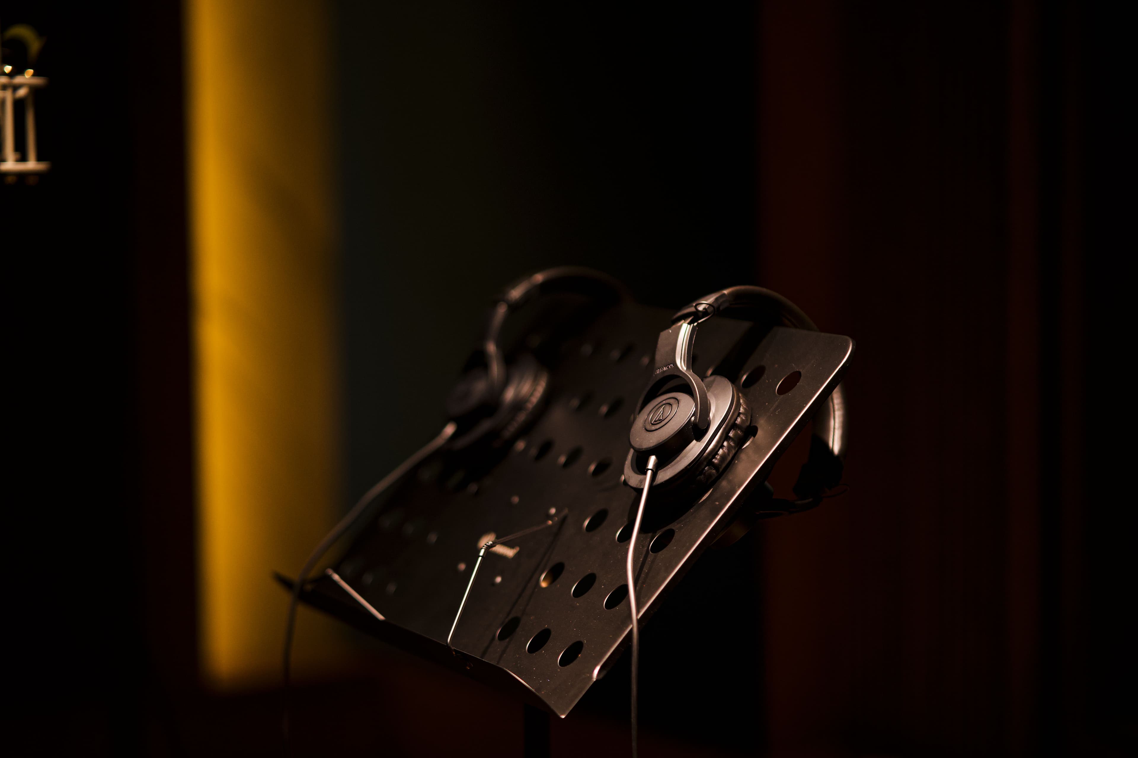 Studio headphones on a stand at Abylon recording studio, Kerala