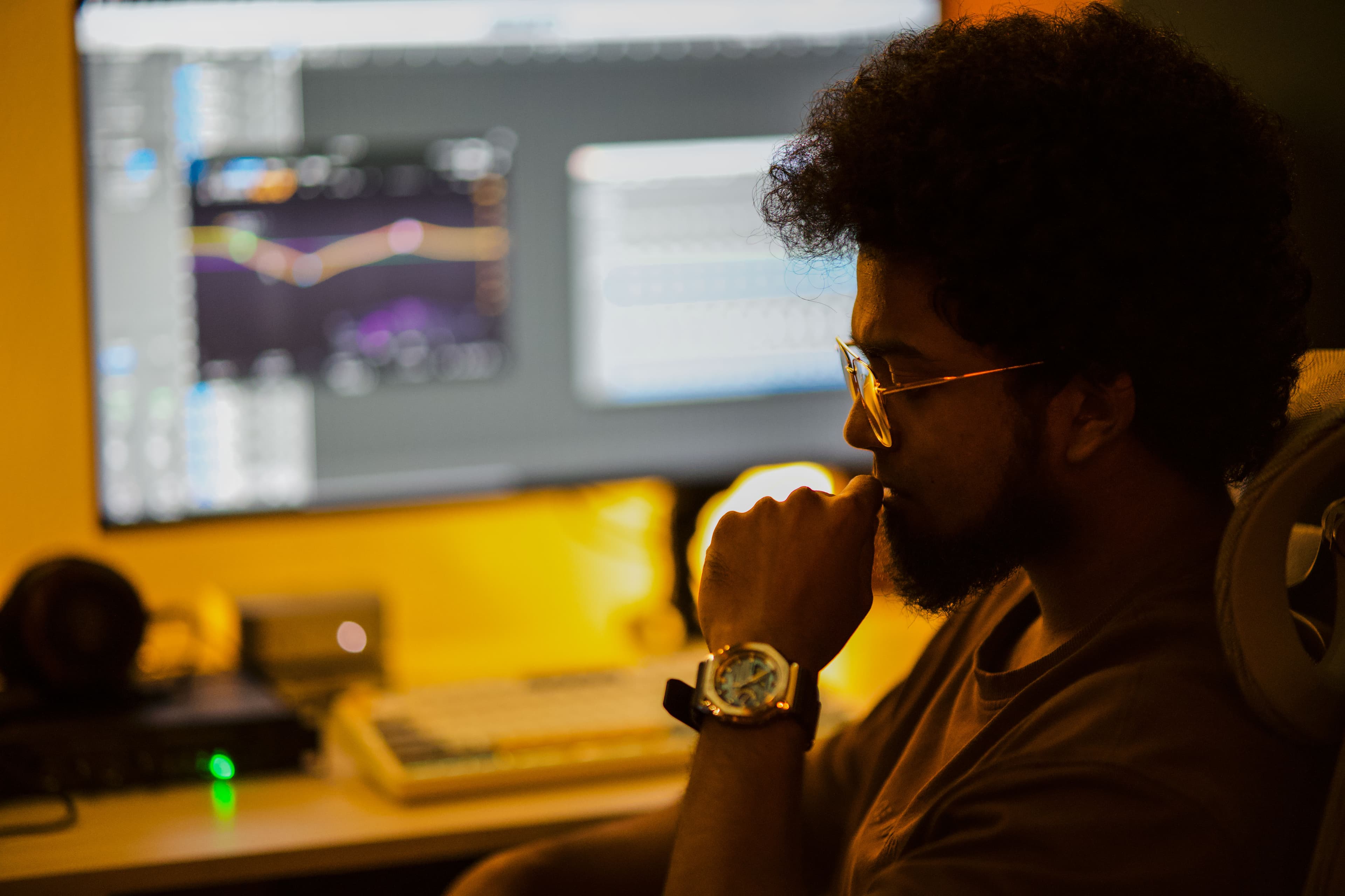 Engineer working in the control room at Abylon studio, Kerala